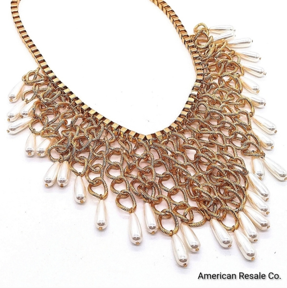 Stunning CHICO'S 20" Pearl Drops Statement  Necklace in Gold Tone - Franco Chain